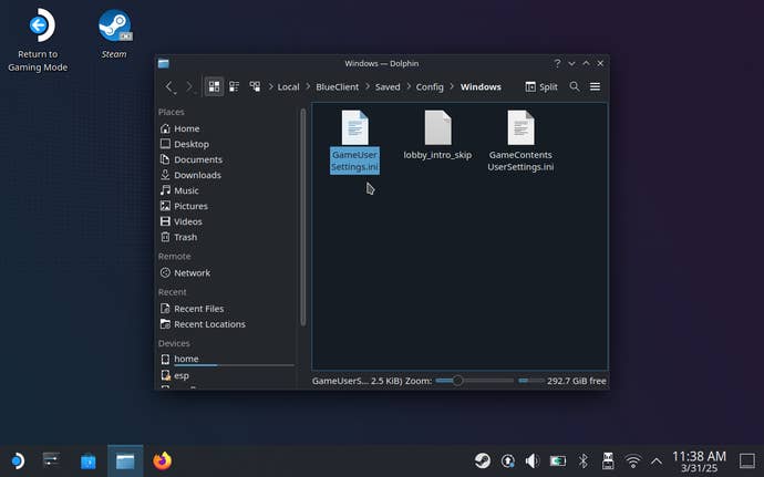 Step 3 of how to fix InZoi’s main menu on the Steam Deck: Open the GameUserSettings.ini file.