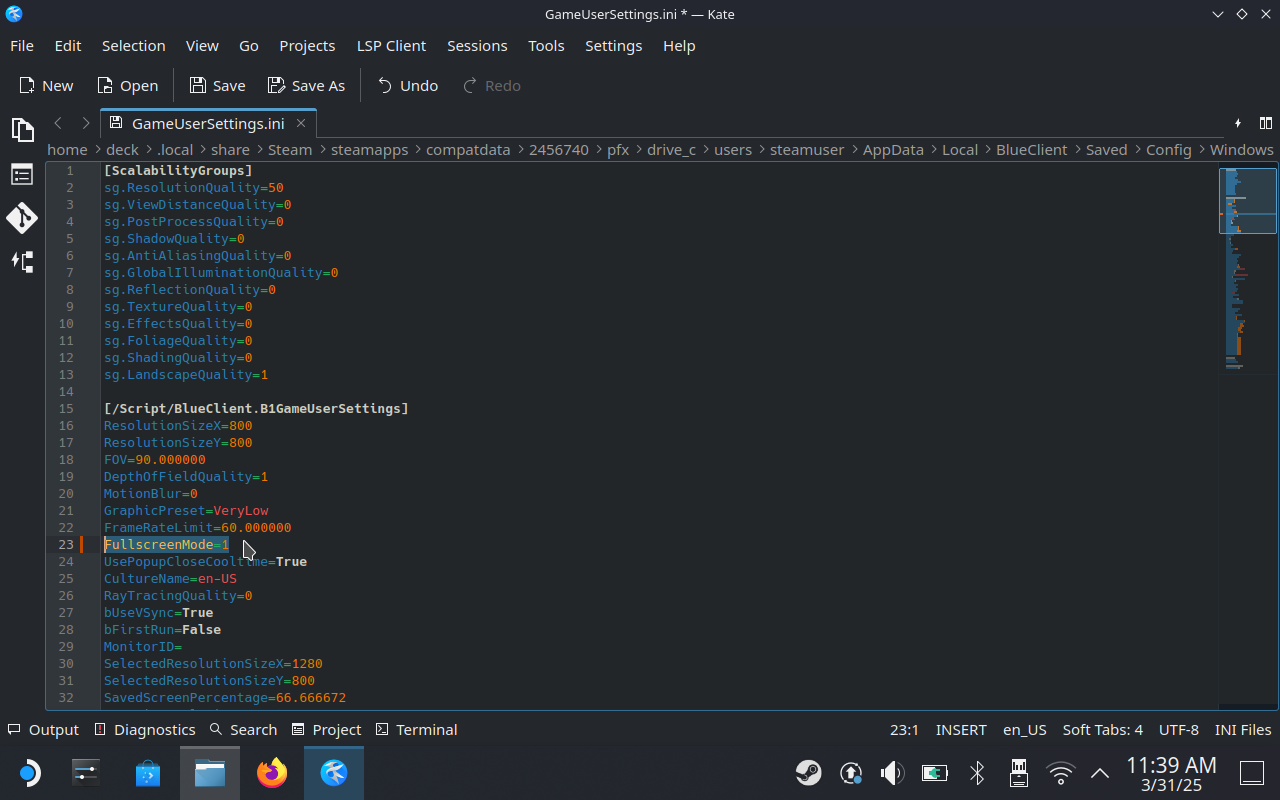 Step 4 of how to fix InZoi&rsquo;s main menu on the Steam Deck: change the FullscreenMode value from 0 to 1 and save.
