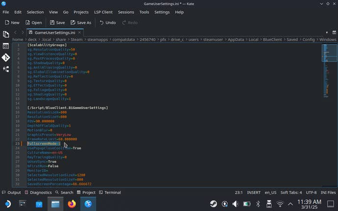 Step 4 of how to fix InZoi’s main menu on the Steam Deck: change the FullscreenMode value from 0 to 1 and save.