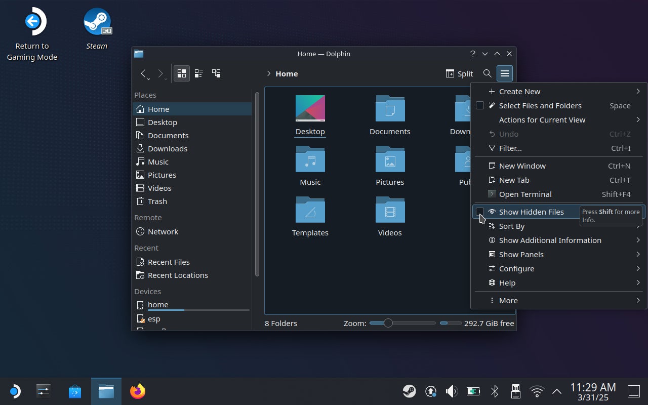 Step 2 of how to fix InZoi's main menu on the Steam Deck: in Dolphin, set hidden files to visible and navigate to the Windows file in InZoi's config folder. - 6