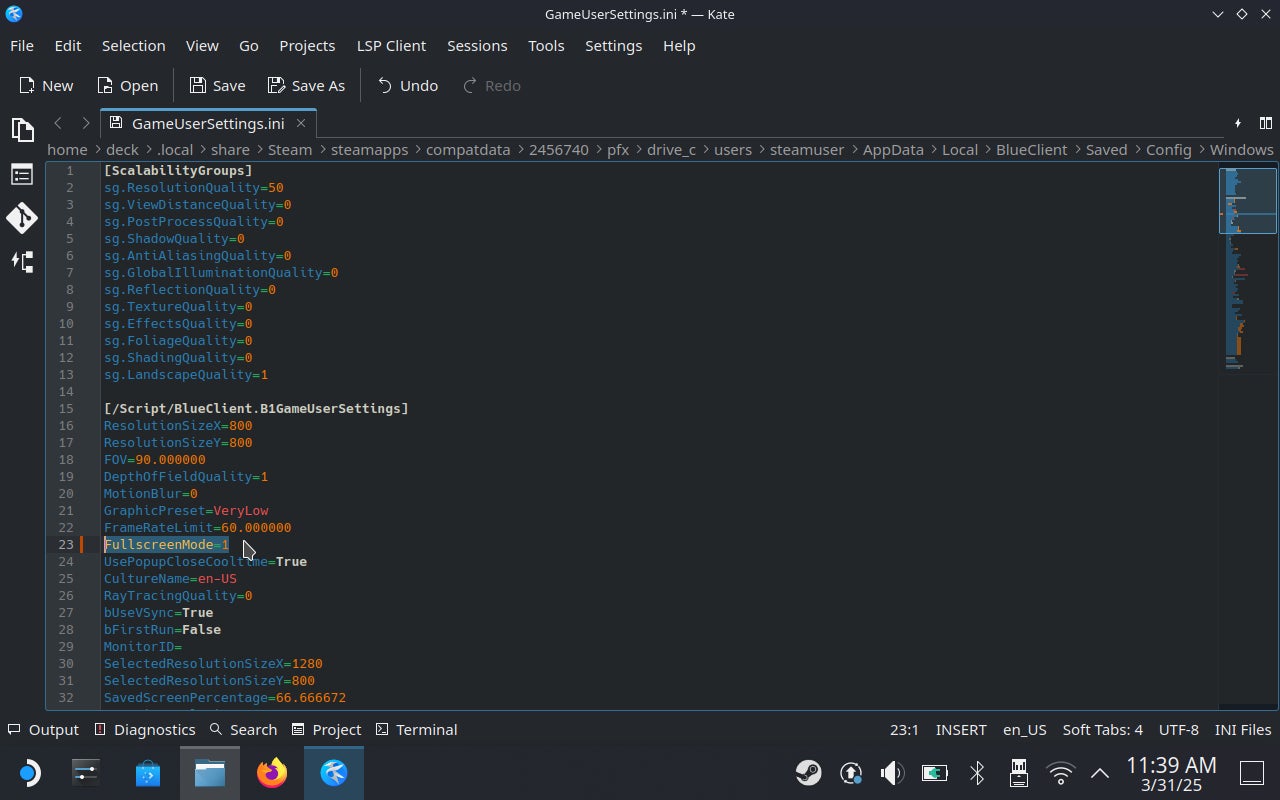 Step 4 of how to fix InZoi's main menu on the Steam Deck: change the FullscreenMode value from 0 to 1 and save. - 8