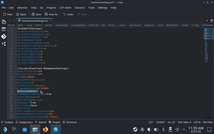 alteration the FullscreenMode worth from 0 to 1 and save.