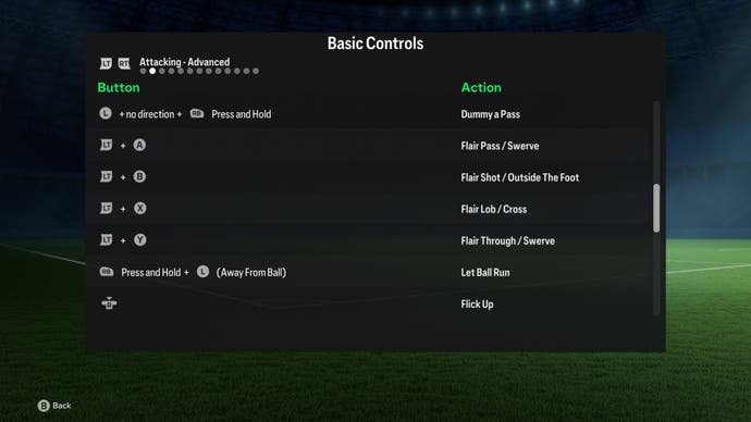 menu of advanced attacking controls including flair moves