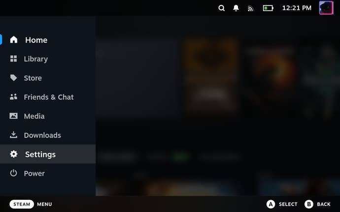 Step 2 of how to format a microSD card on the Steam Deck: Press the Steam button and enter the Settings menu.