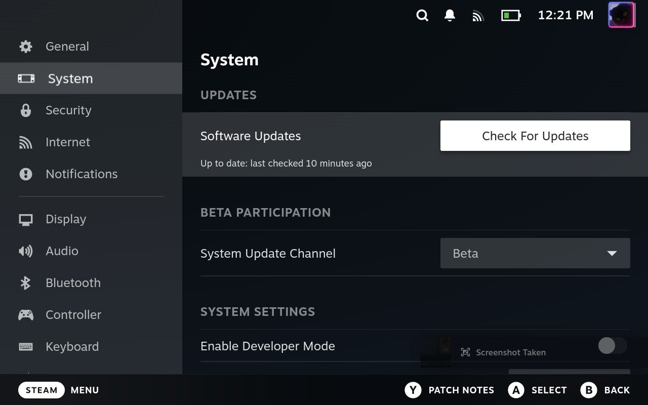 Step 3 of how to format a microSD card on the Steam Deck: In the System section of Settings, apply any software updates. - 6