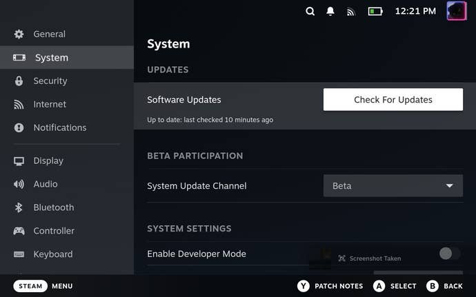 Step 3 of how to format a microSD card on the Steam Deck: In the System section of Settings, apply any software updates.
