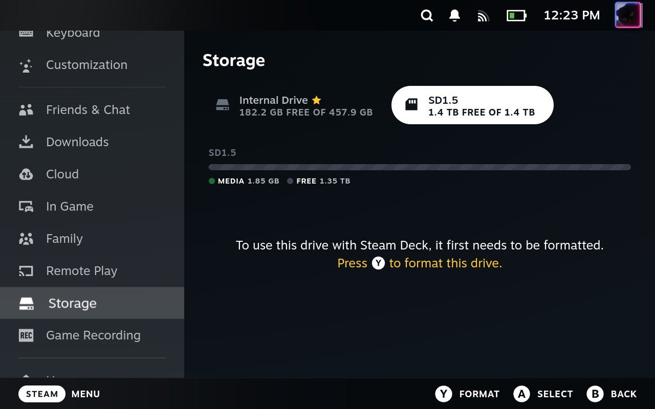 Step 4 of how to format a microSD card on the Steam Deck: Exit the System menu then scroll down to Storage. Highlight the microSD card, then press the Y button. - 7