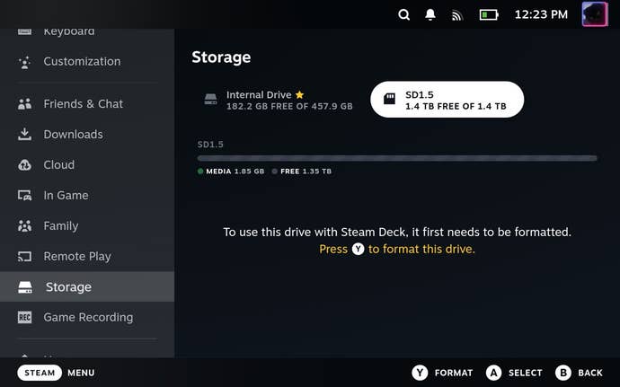 Step 4 of how to format a microSD card on the Steam Deck: Exit the System menu then scroll down to Storage. Highlight the microSD card, then press the Y button.