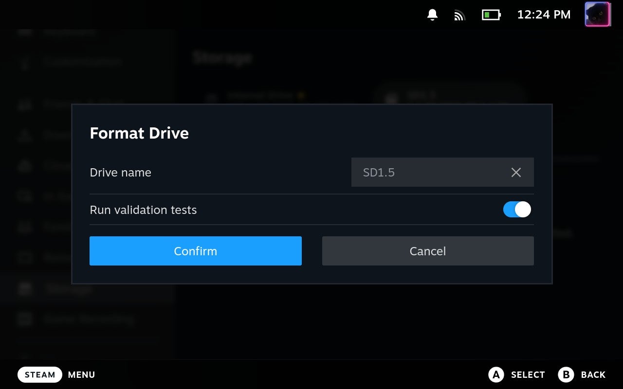 Step 5 of how to format a microSD card on the Steam Deck: Confirm the format. - 8