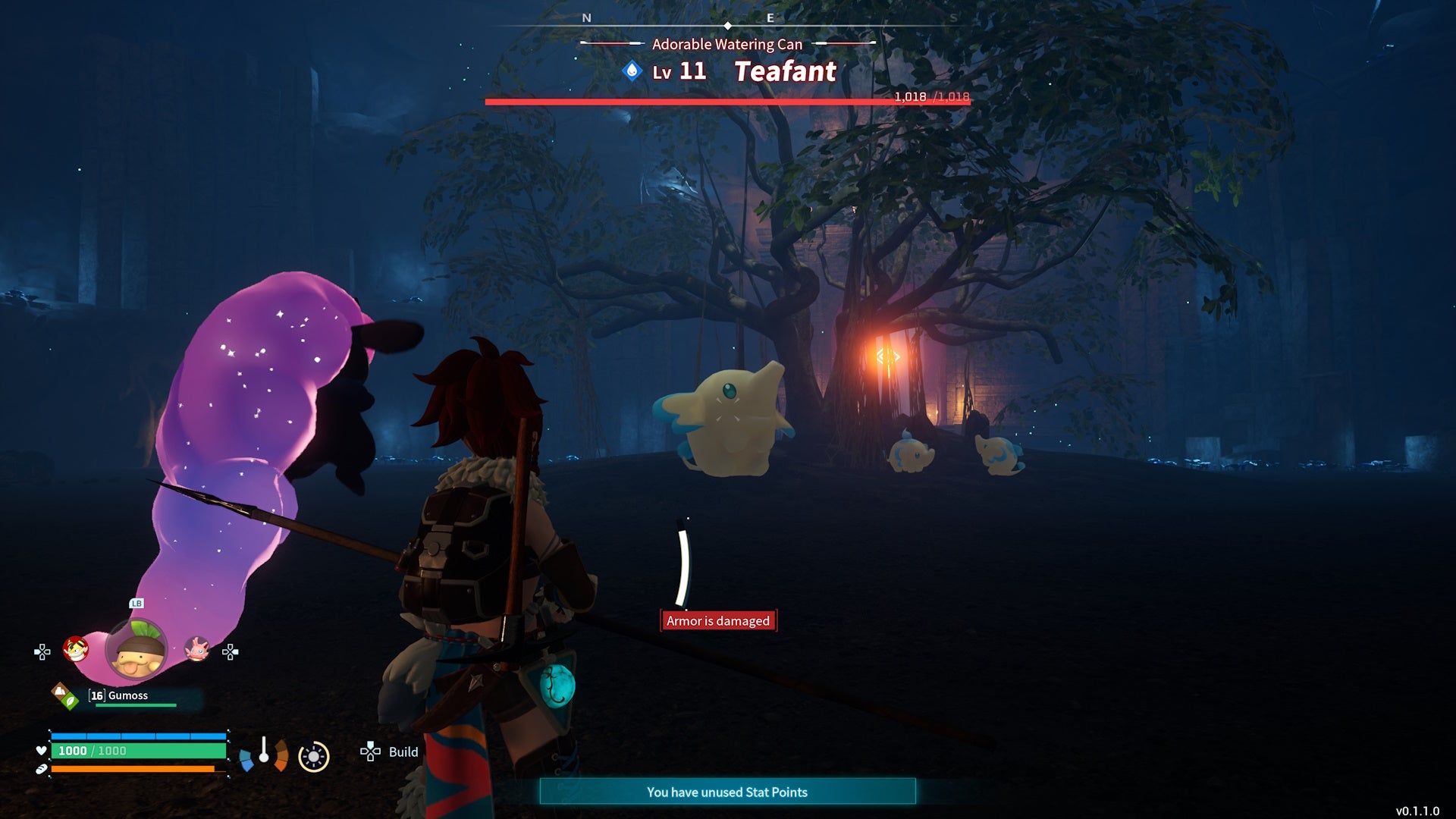 Dungeon boss Teafant in a dark cave in Palworld.