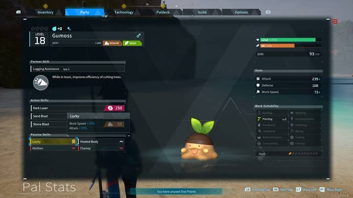 Lucky Pal Gunmoss in the party selection screen.