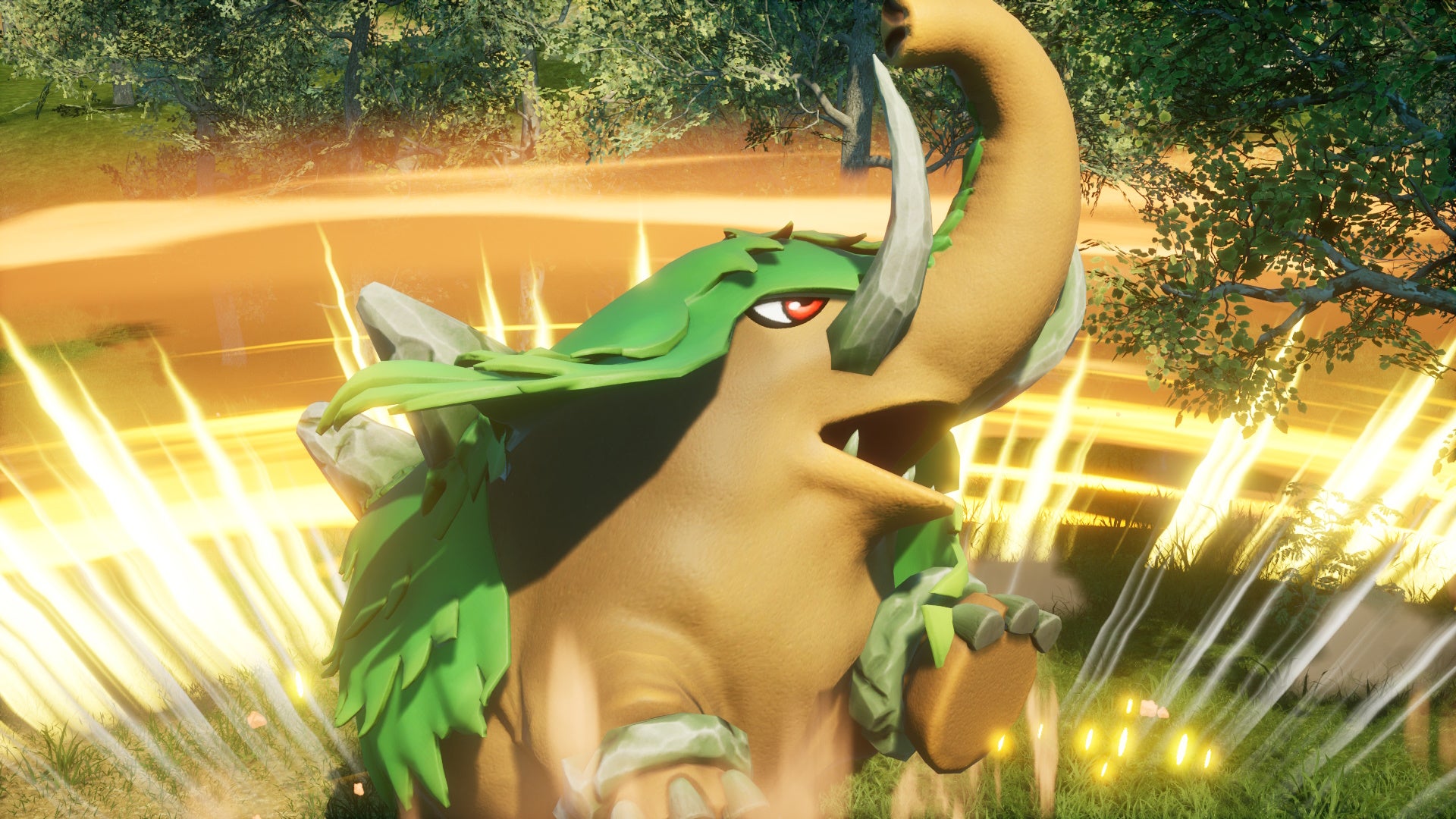 Mammorest raising its front paws and truck with a yellow swirl around it in Palworld.