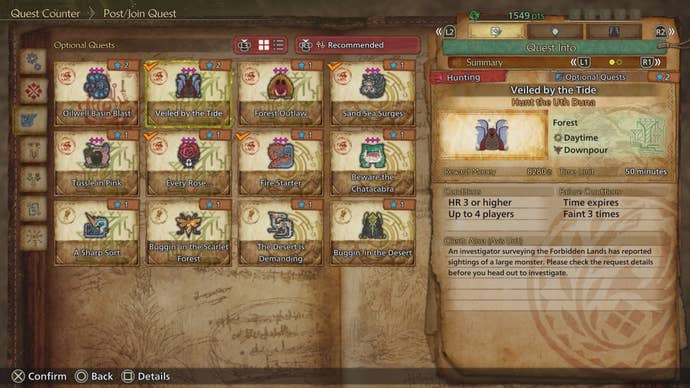 The Optional Quest from the Quest Counter to hunt Uth Duna in Monster Hunter Wilds.