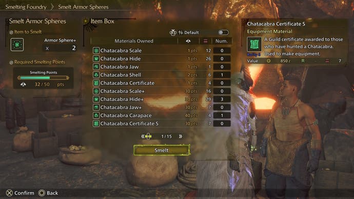 The Smelting Foundry menu to make Armor Spheres in Monster Hunter Wilds.