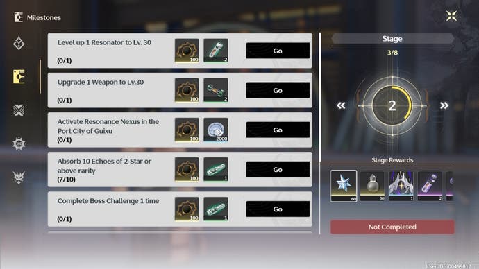 The Milestones Guidebook menu showing challenges to complete for rewards like Astrite in Wuthering Waves.