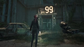 Eve dressed in a biker outfit looking at Bar 99 on Eidos 7 area in Stellar Blade.