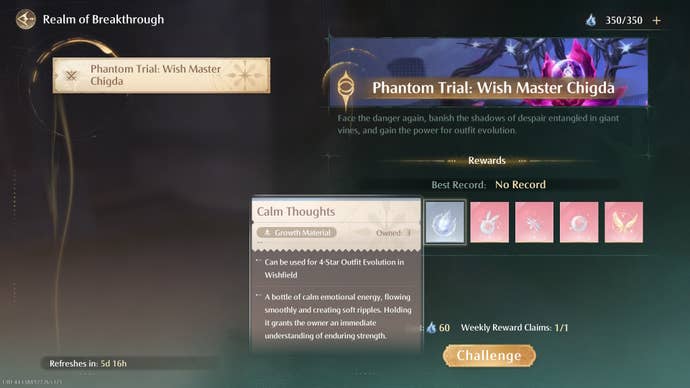 The Realm of Breakthrough menu in Infinity Nikki with the Calm Thoughts resource selected.