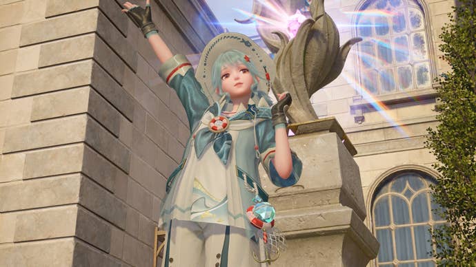 Nikki in a fishing outfit waving in front of a Warp Spire in Infinity Nikki.