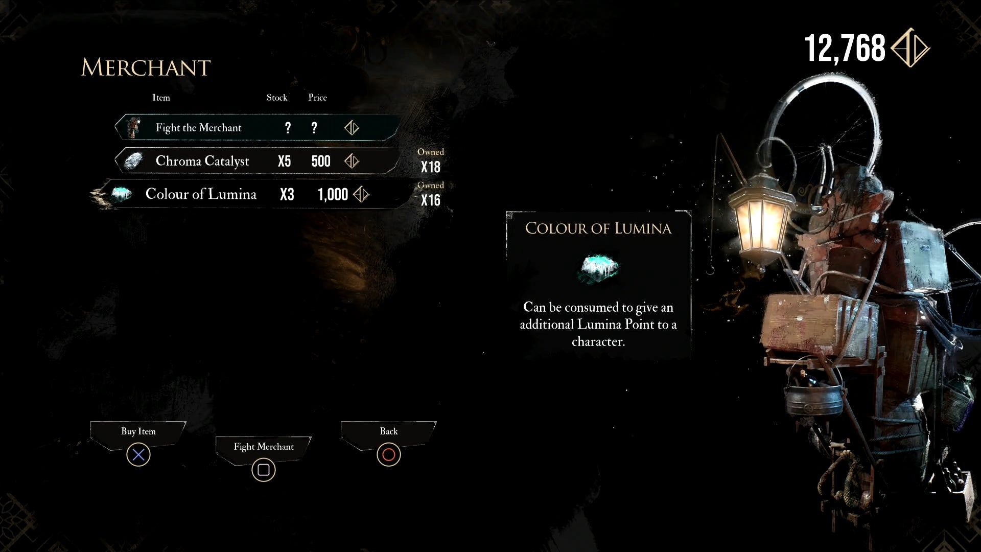 Colour of Lumina selected in the merchant menu of Clair Obscur Expedition 33.