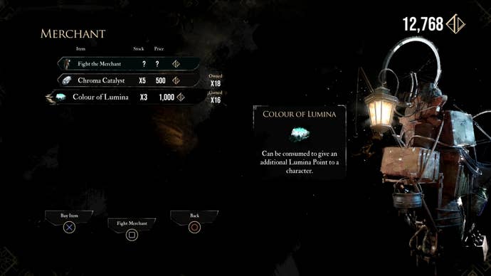 Colour of Lumina selected in the merchant menu of Clair Obscur Expedition 33.