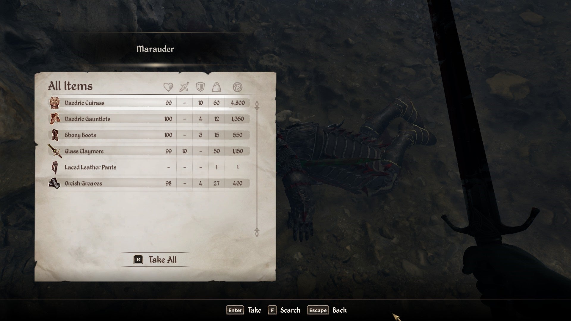 Looting Daedric Armor from a corpse in Oblivion Remastered.