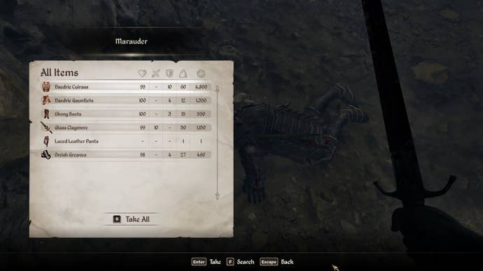 Looting Daedric Armor from a corpse in Oblivion Remastered.