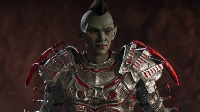 A Dark Elf wearing Daedric Armor in Oblivion Remake.