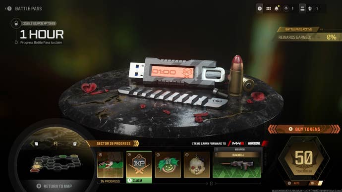 battle pass menu with a 1 hour weapon xp token selected, which resembles a usb drive