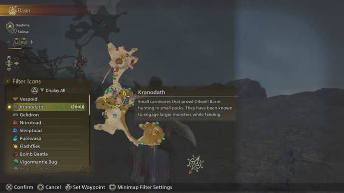 Map location of a Kranodath monster in Monster Hunter Wilds.