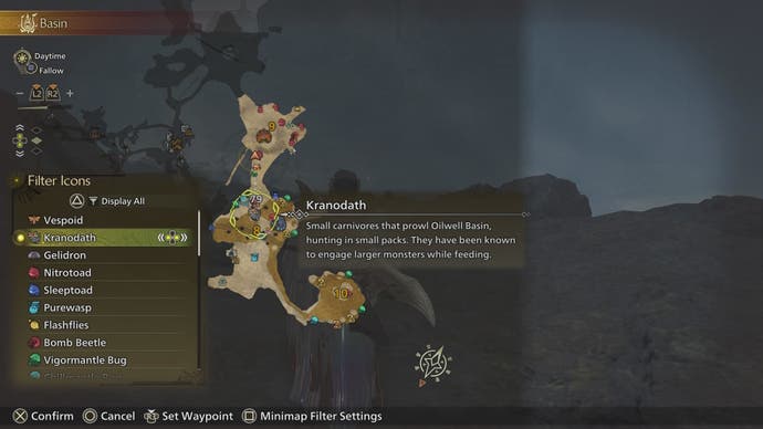Map location of a Kranodath monster in Monster Hunter Wilds.