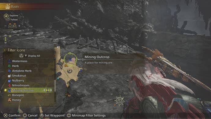 Map location of a Mining Outcrop in the Basin region of Monster Hunter Wilds.
