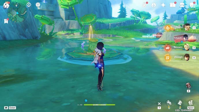 Lining up a paper leapfrog’s jump in Genshin Impact.