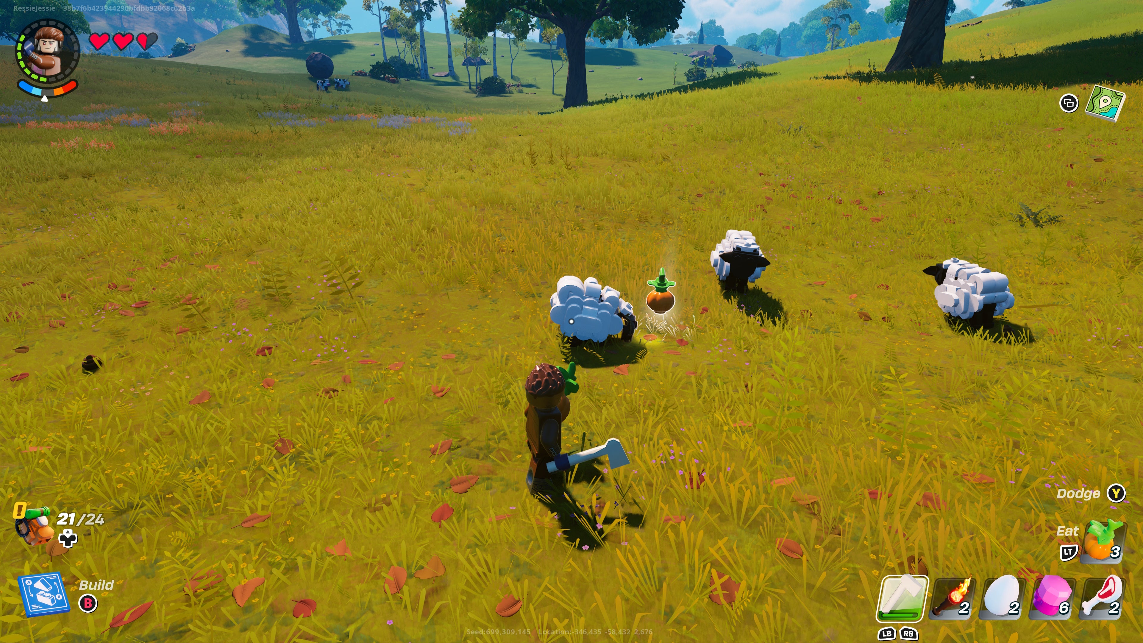 lego figure holding a pumpkin while looking at a group of sheep in a field with one hseep about to eat another pumpkin