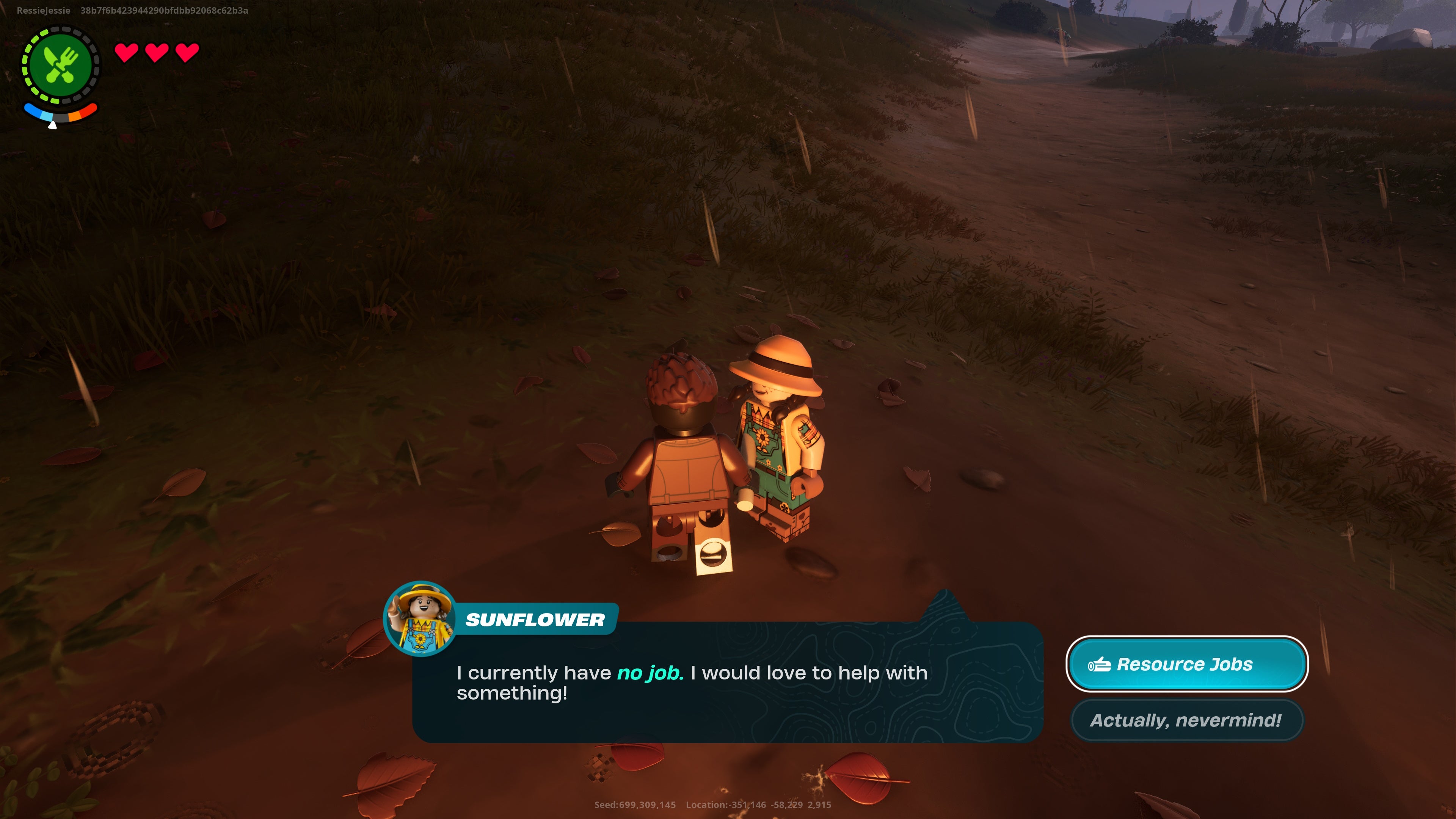 lego figure talking to the sunflower lego figure and assigning them a resource job