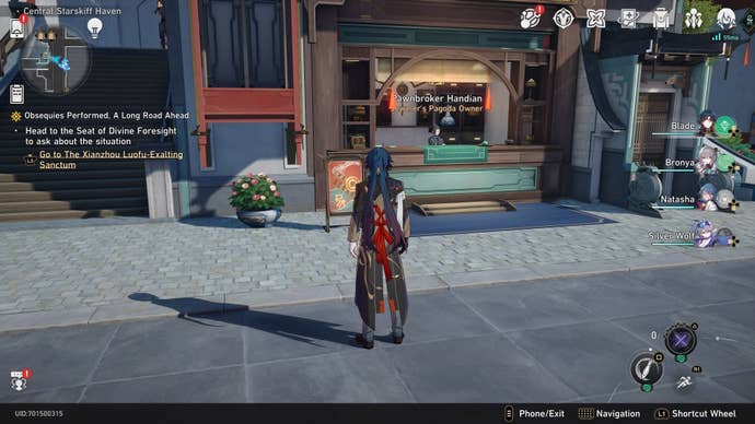 showing the back of blade looking at jeweler’s pagoda shop owner behind a counter