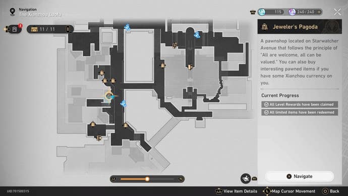 map of starskiff haven area on the xianzhou luofu with jewelers pagoda shop selected
