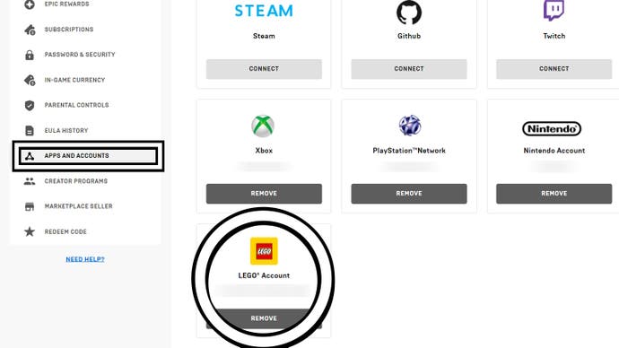 epic games account website with a white background on the account menu, with the apps and accounts tab open and the lego symbol circled in white