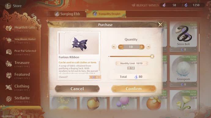 Buying Furious Ribbon from the Tranquility Droplets store in Infinity Nikki.