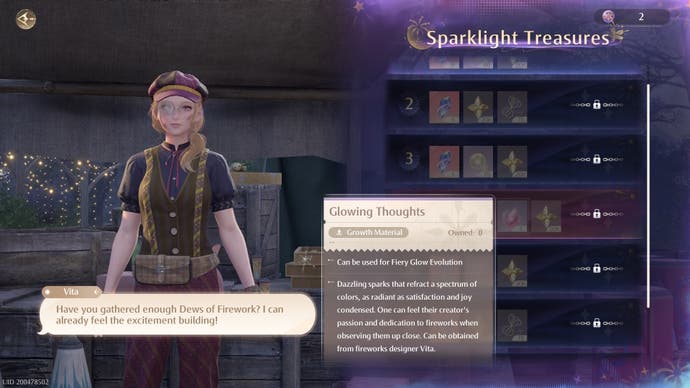 Vita's Sparklite Treasures rewards menu in Infinity Nikki with Glowing Thoughts highlighted.