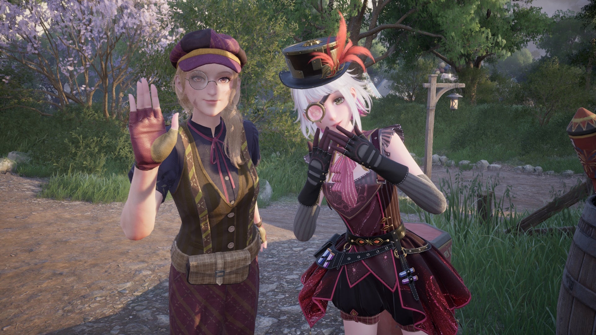 Nikki posing with Vita in the Fiery Glow outfit in Infinity Nikki.