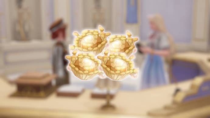 The Golden Dew material on a blurred background of Nikki talking to Dada at the Stylist’s Guild in Infinity Nikki.