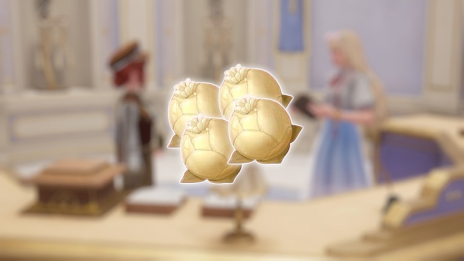 The Golden Fruit material in Infinity Nikki on a blurred background of Nikki talking to Dada at the Stylist&rsquo;s Guild.