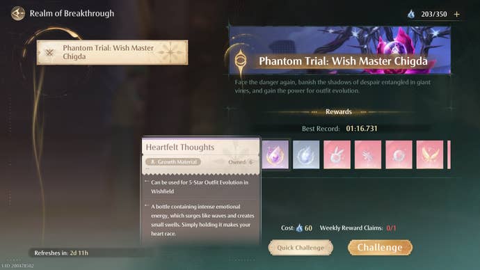 Menu of the Realm of Breakthrough in Infinity Nikki with the Heartfelt Thoughts item selected.