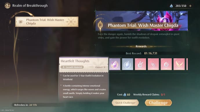 Breakthrough Realm menu in Infinity Nikki with the Heartfelt Thoughts item selected.