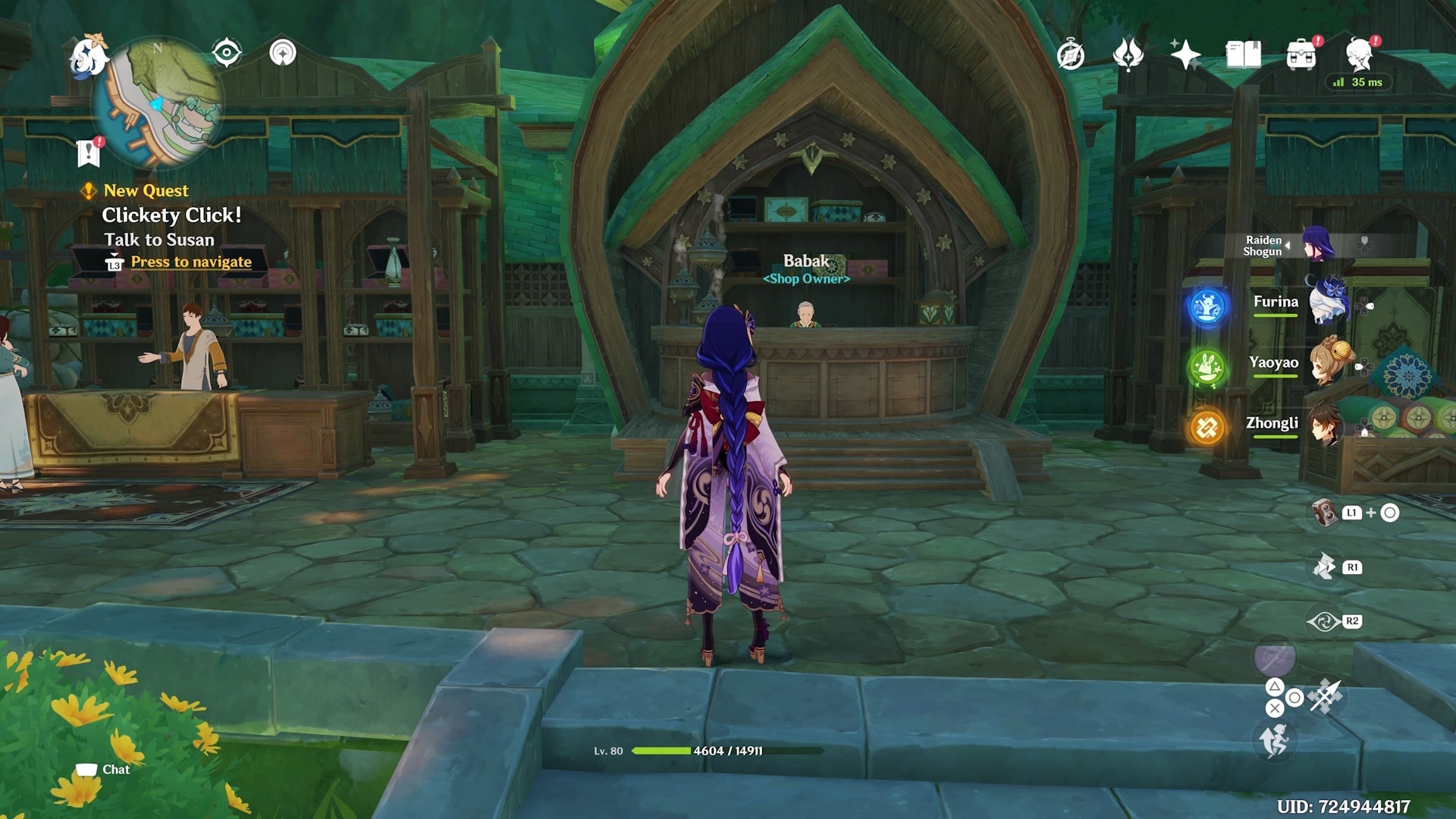 raiden shigun looking at a shopkeeper in port ormus in sumeru