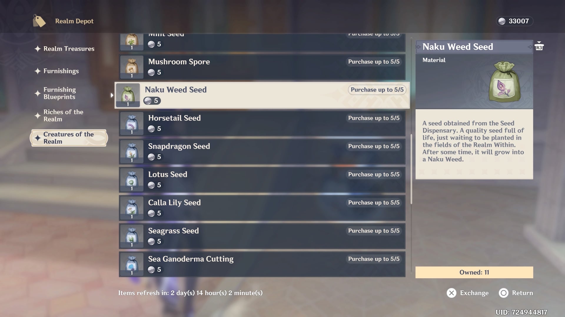 menu view of buying seeds from tubby in the serenitea pot