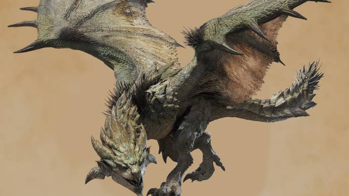 Rathian from Monster Hunter Wilds on a beige background.