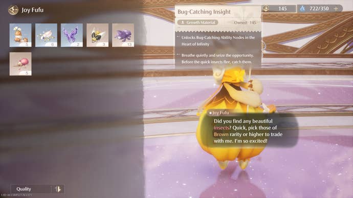 The Bug-Catching Insight symbol selected while in the Joy Fufu menu at the Realm of Nourishment in Infinity Nikki.