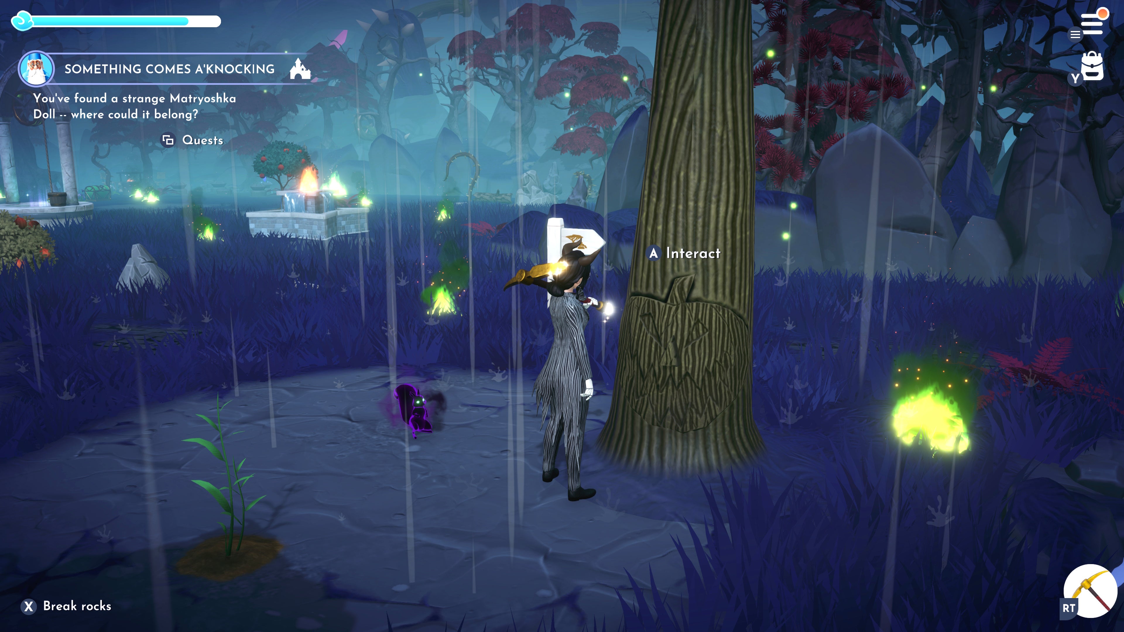 looking at the interact button of the jack skellington tree in the forgotten lands area of disney dreamlight valley