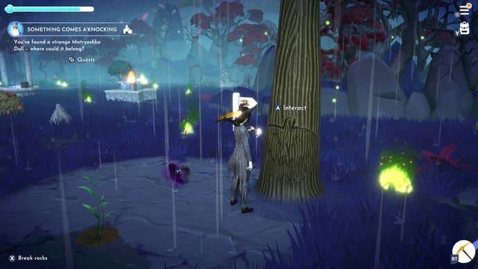 looking at the interact button of the jack skellington tree in the forgotten lands area of disney dreamlight valley